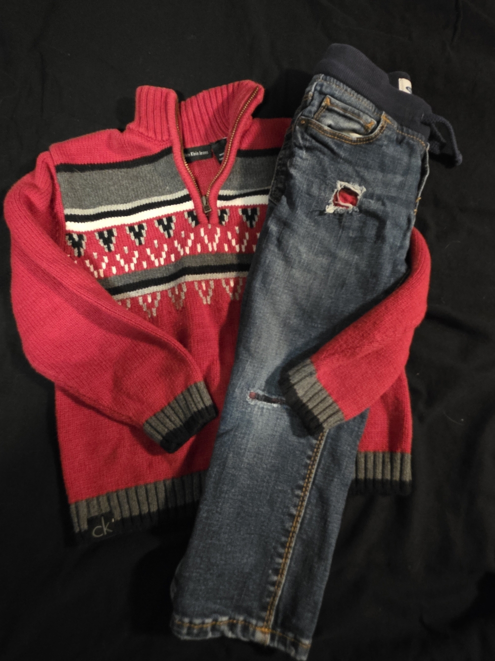 Calvin Klein Red Fair Isle Quarter-Zip Sweater - 2 Ans Lot Ensemble Noel
